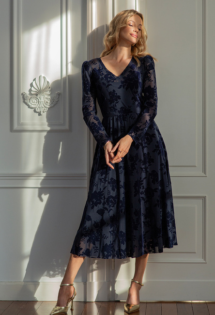 Granatowa sukienka z flokowanym wzorem Sophie