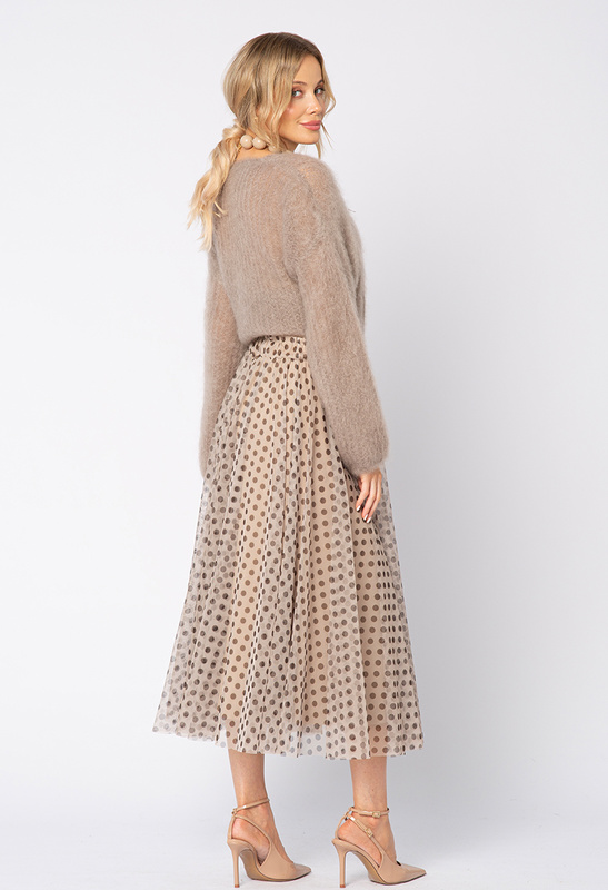 Tiulowa beżowa spódnica w brązowe groszki