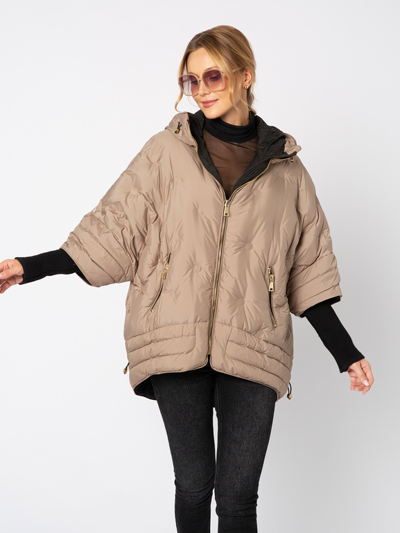 Beżowa puchowa kurtka z kapturem i rękawem ze ściągacza