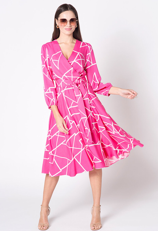 Różowa sukienka z wiskozy w białe linie Calais