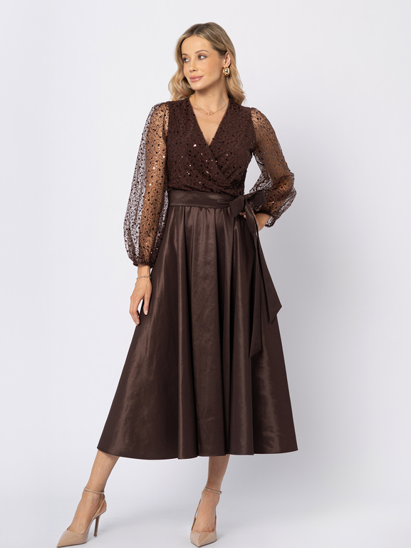 Brązowa sukienka z cekinową górą i dołem z tafty Colette