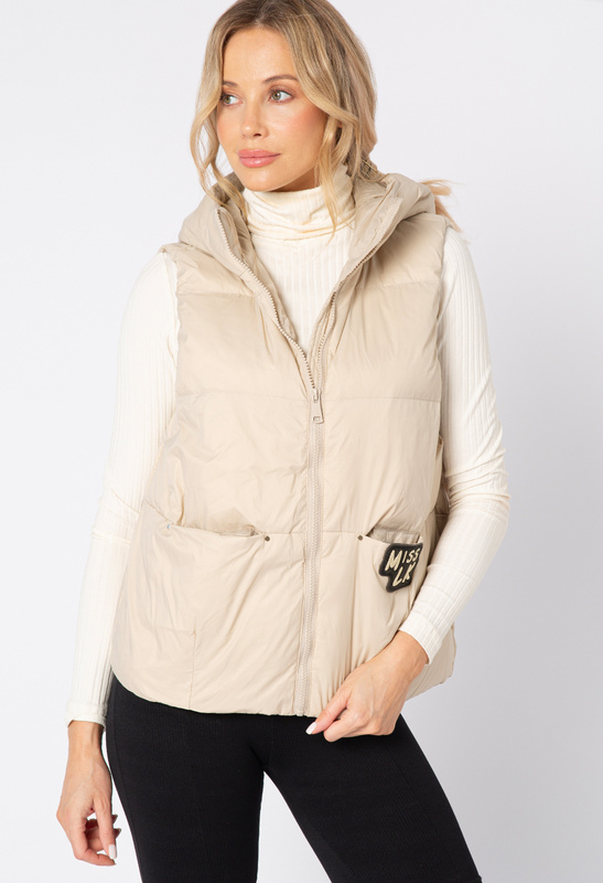Puchowa beżowa kamizelka z kapturem