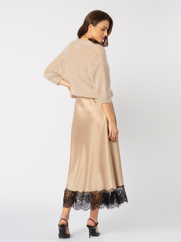 Beżowa satynowa wiskozowa spódnica z koronką