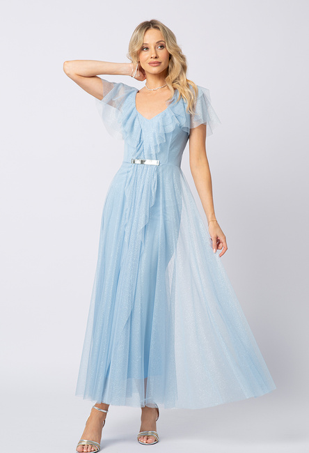 Sukienka z błękitnej siatki gliter z ozdobną klamrą Florence