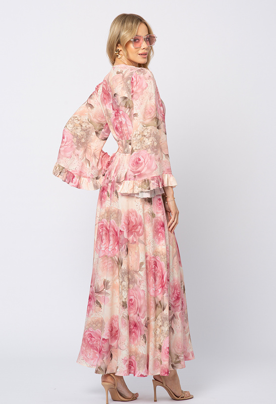 Sukienka z wiskozy w różowe kwiaty z rozkloszowanym rękawem Penelope