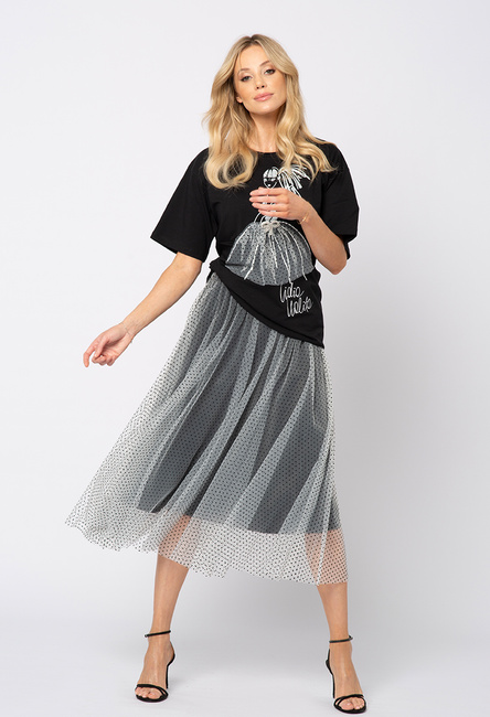 Tiulowa spódnica w delikatne czarne flockowe groszki